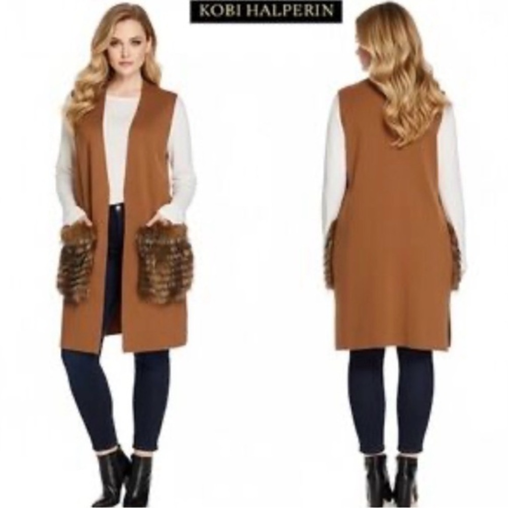 NWOT Kobi Halperin Viola Long Line Cardigan Vest Brown Wool Real Fox Fur Pockets
